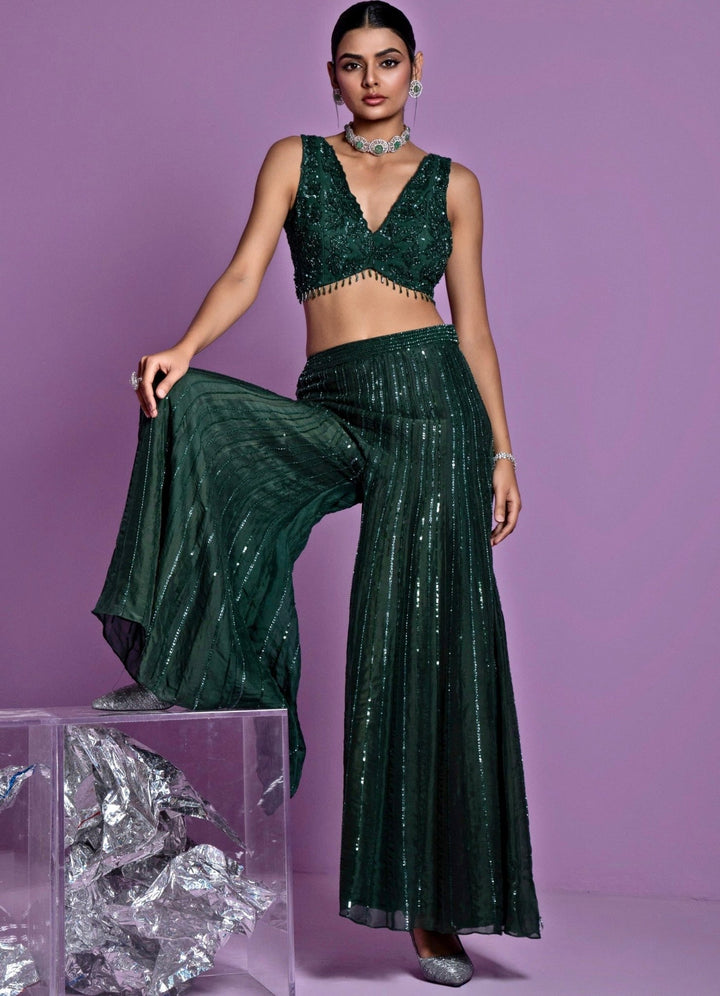 Forest Green Leaf Motif Embroidered Pant Set Parul Gandhi - Fabilicious Fashion
