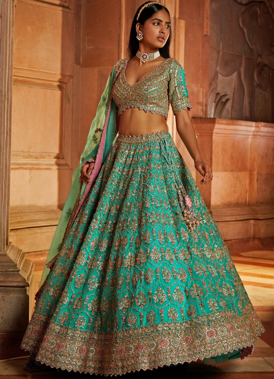 Fresh Green Organza Lehenga Set Nitika Gujral - Fabilicious Fashion