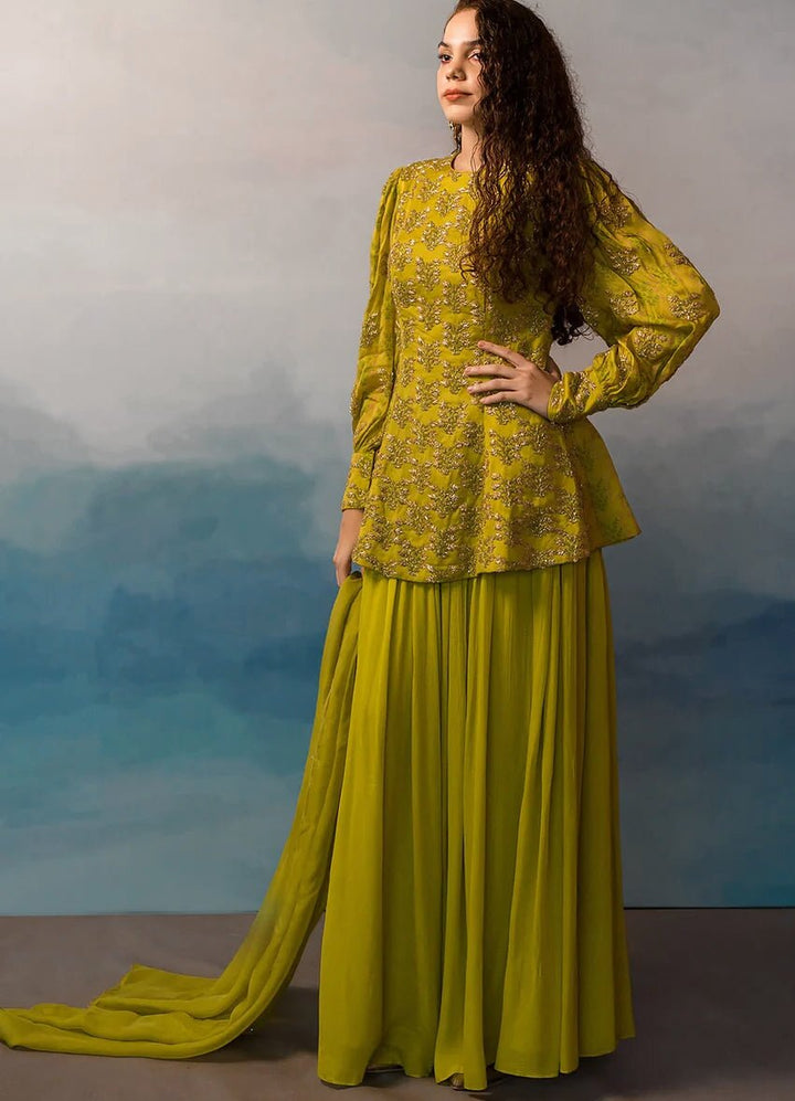 Fresh Olive Green Printed Peplum Sharara Set Ease - Fabilicious Fashion