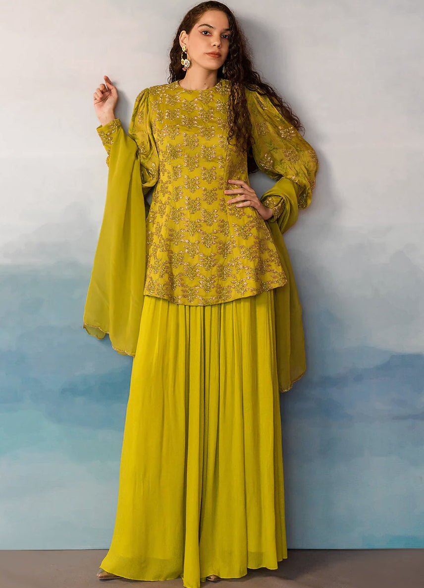 Fresh Olive Green Printed Peplum Sharara Set Ease - Fabilicious Fashion