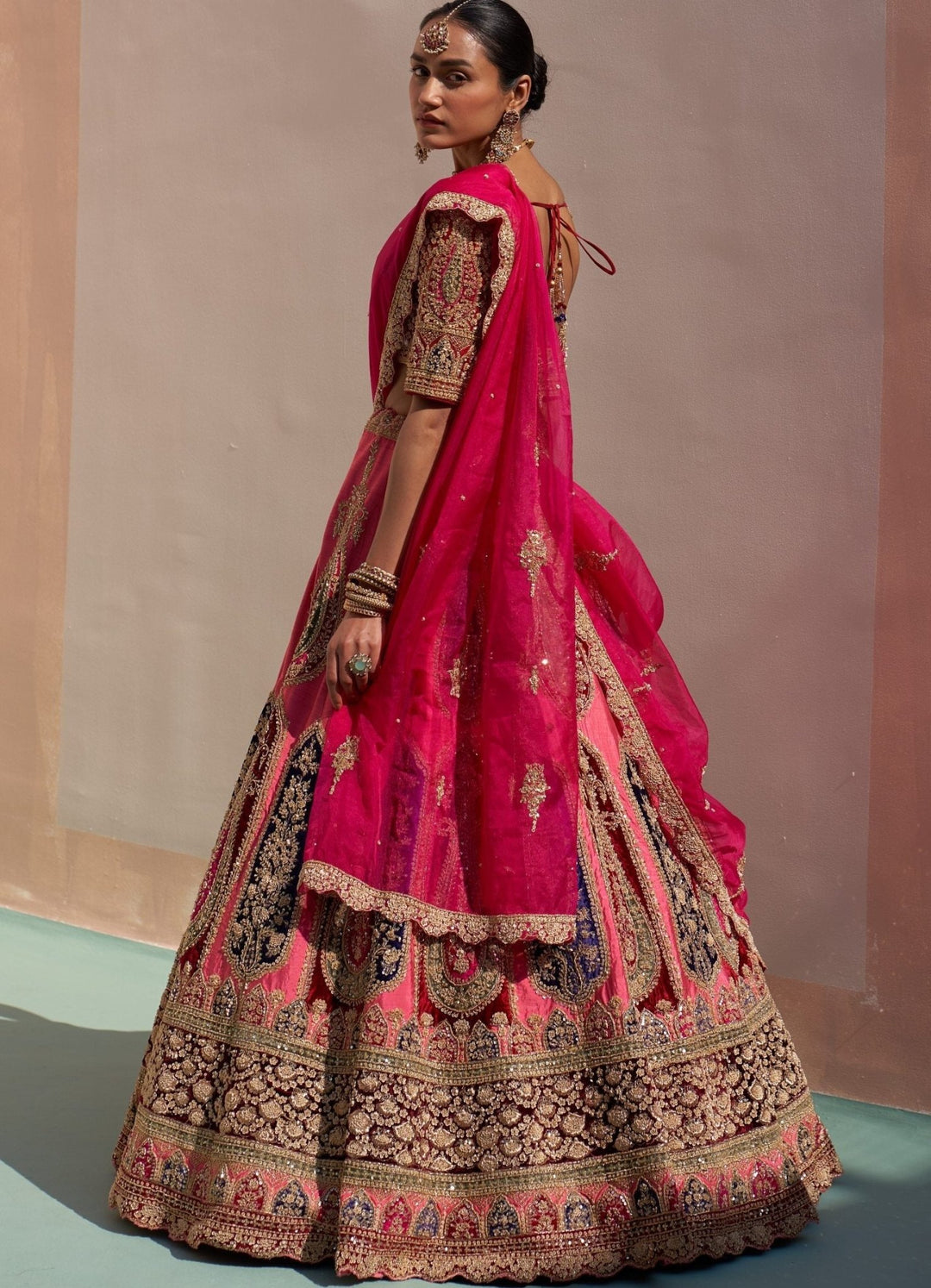 Fresh Pink Raw Silk Kalidar Double Dupatta Lehenga Set Angad Singh - Fabilicious Fashion
