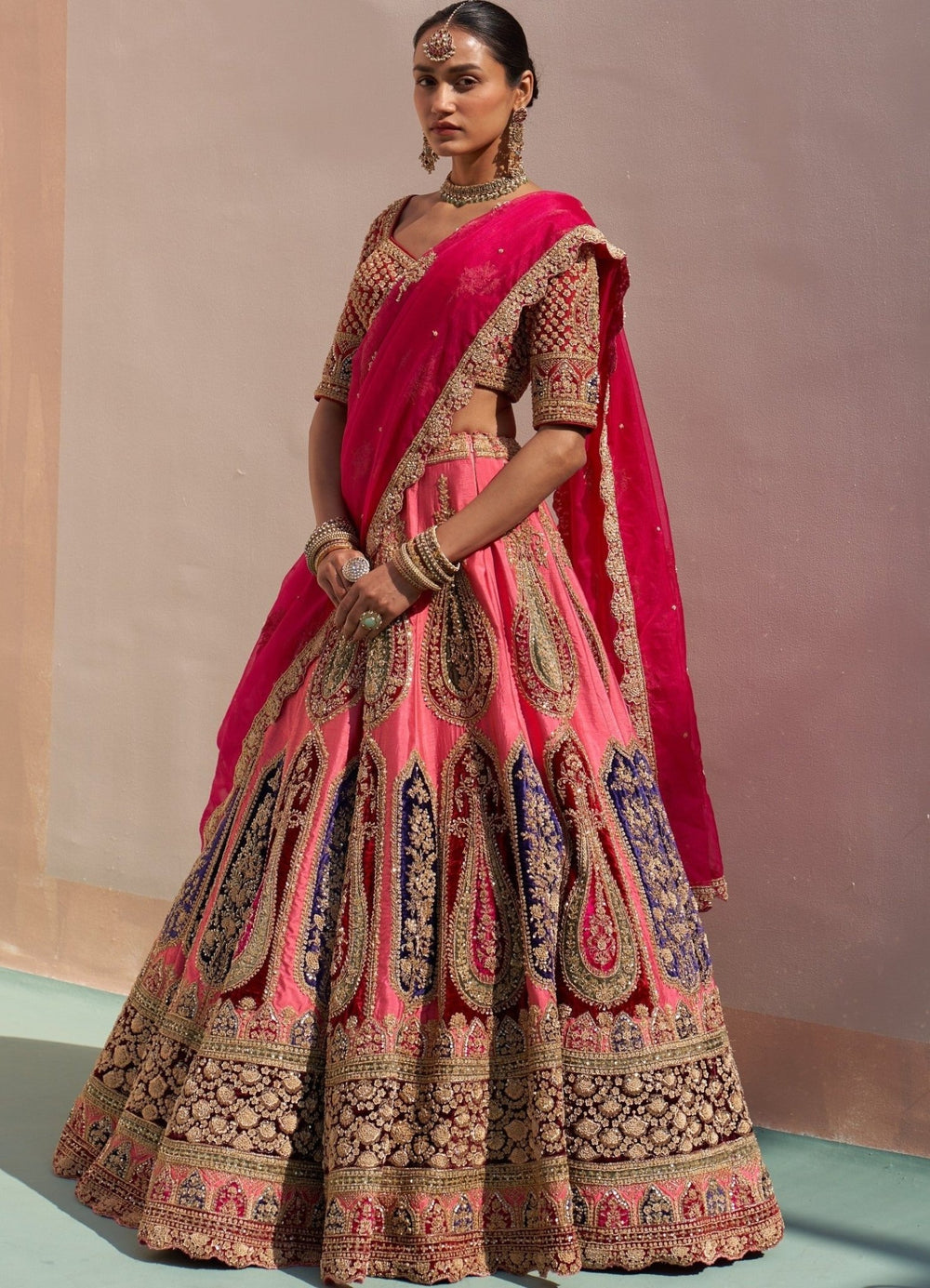 Fresh Pink Raw Silk Kalidar Double Dupatta Lehenga Set Angad Singh - Fabilicious Fashion