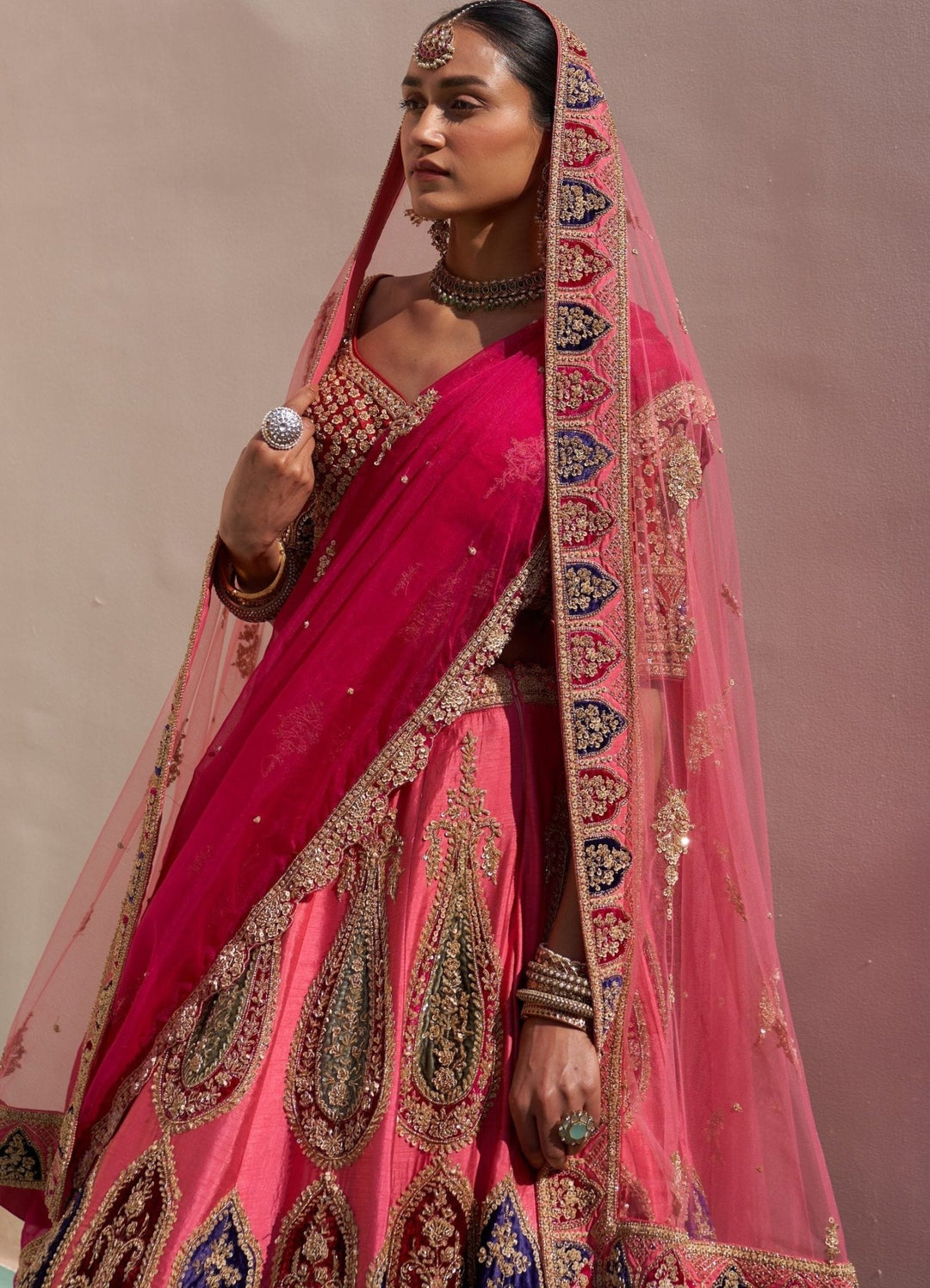 Fresh Pink Raw Silk Kalidar Double Dupatta Lehenga Set Angad Singh - Fabilicious Fashion