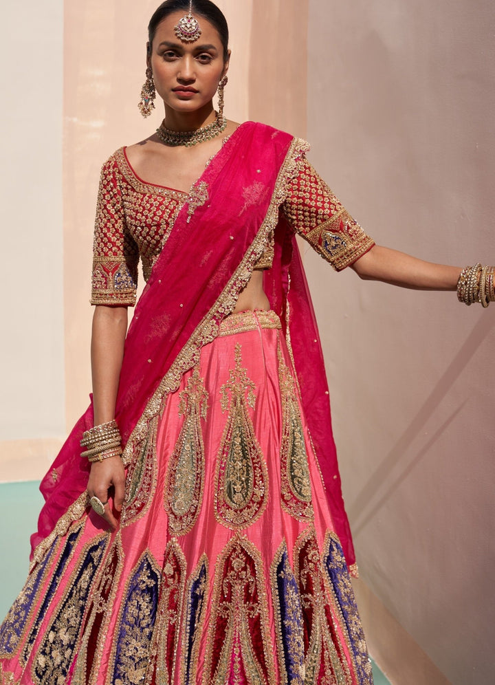 Fresh Pink Raw Silk Kalidar Double Dupatta Lehenga Set Angad Singh - Fabilicious Fashion