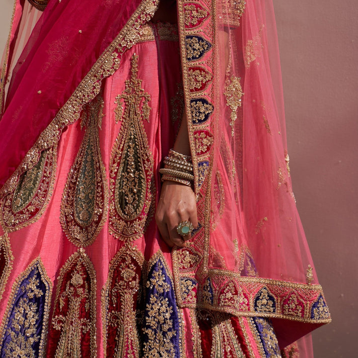 Fresh Pink Raw Silk Kalidar Double Dupatta Lehenga Set Angad Singh - Fabilicious Fashion