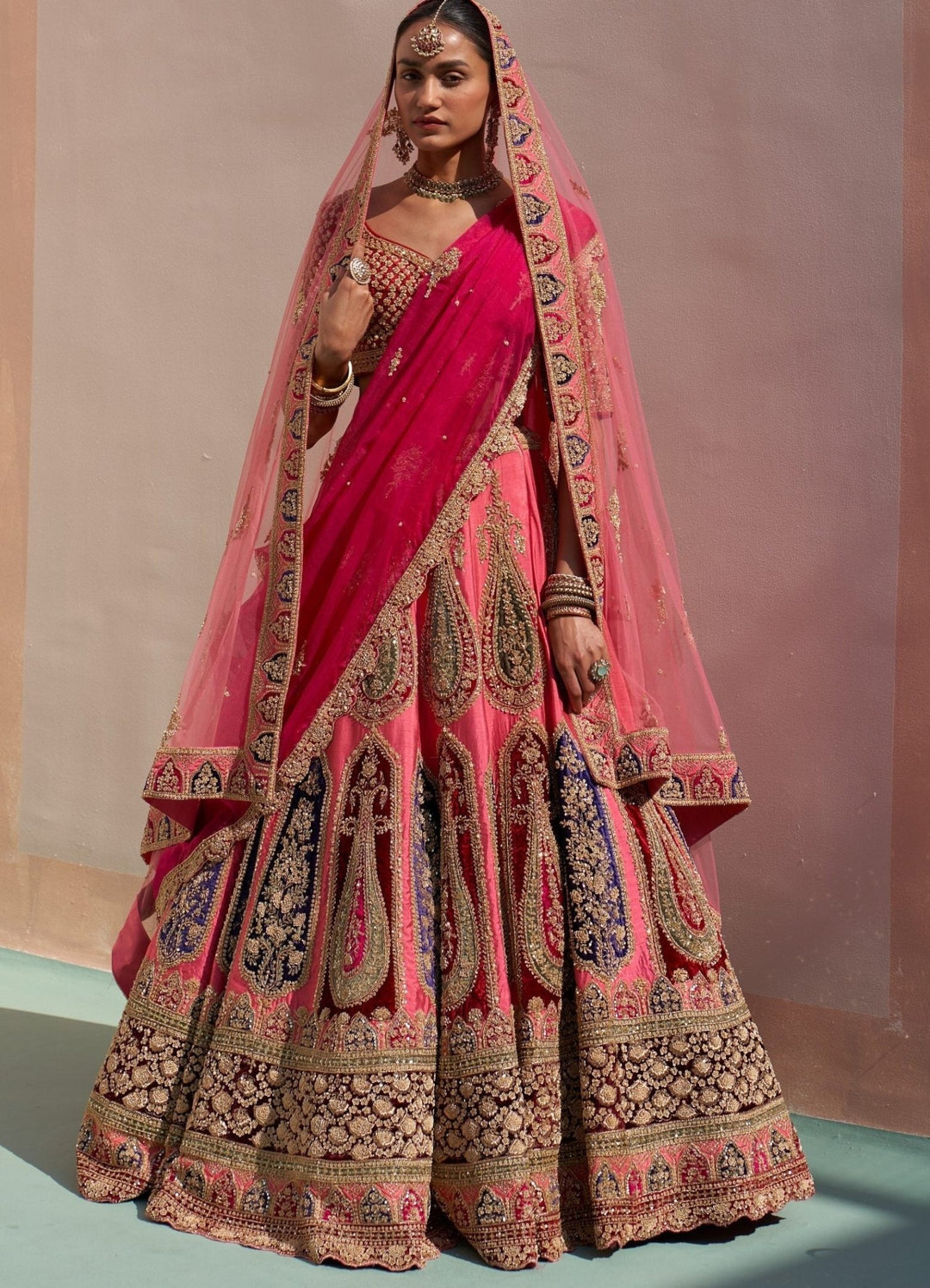 Fresh Pink Raw Silk Kalidar Double Dupatta Lehenga Set Angad Singh - Fabilicious Fashion