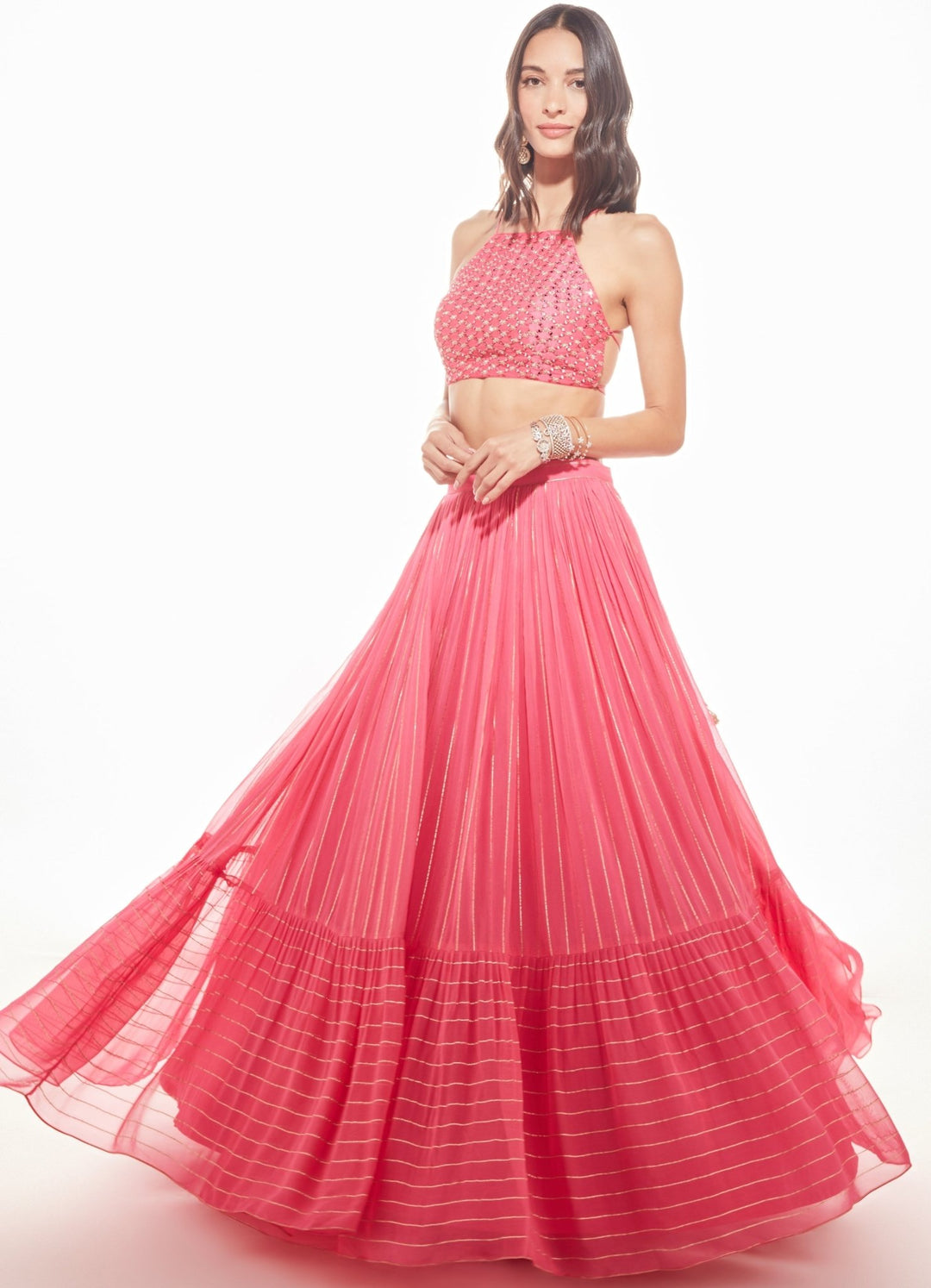 Fresh Pink Renna Tiered Lehenga Set Chamee n Palak - Fabilicious Fashion