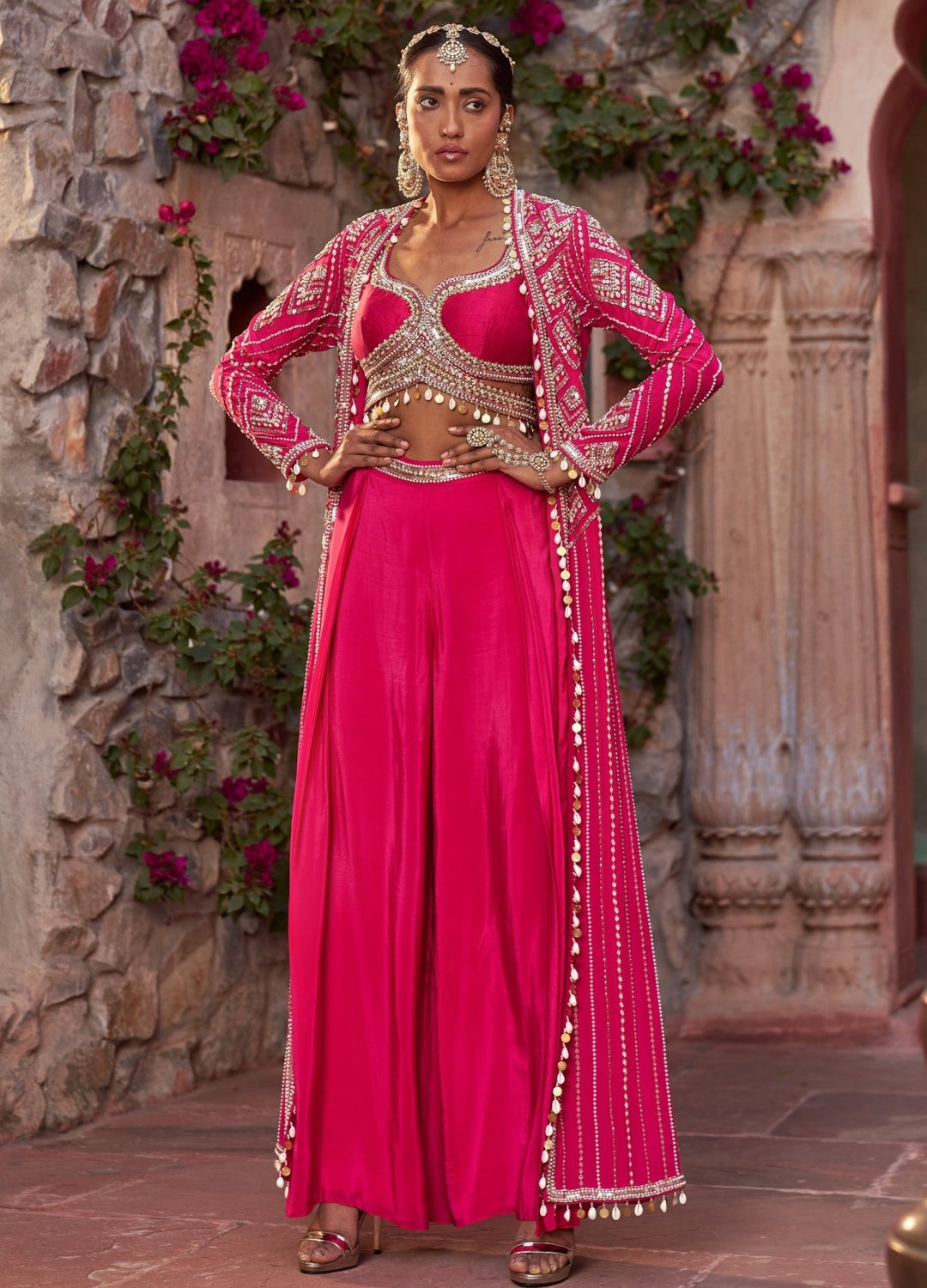 Fuchsia Pink Embellished Crepe Cape Set With Sharara Pants Nidhika Shekhar - Fabilicious Fashion