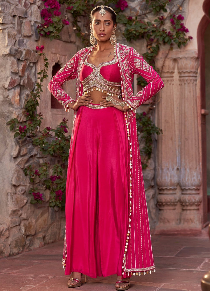 Fuchsia Pink Embellished Crepe Cape Set With Sharara Pants Nidhika Shekhar - Fabilicious Fashion