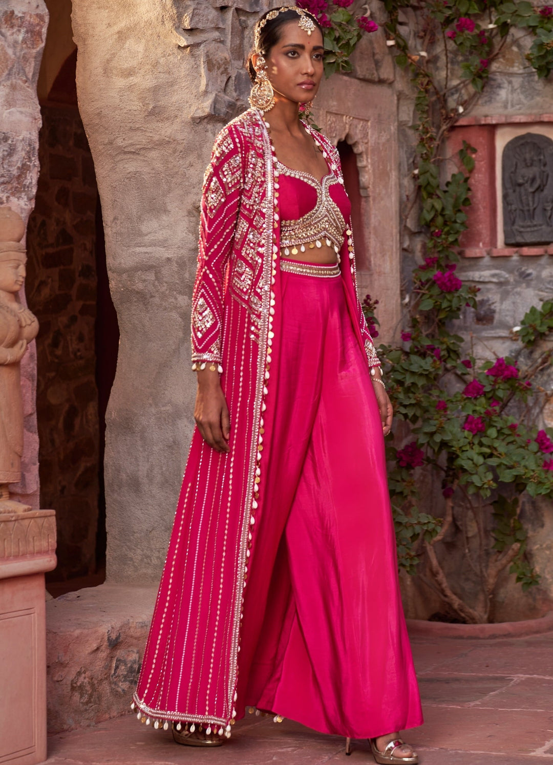 Fuchsia Pink Embellished Crepe Cape Set With Sharara Pants Nidhika Shekhar - Fabilicious Fashion
