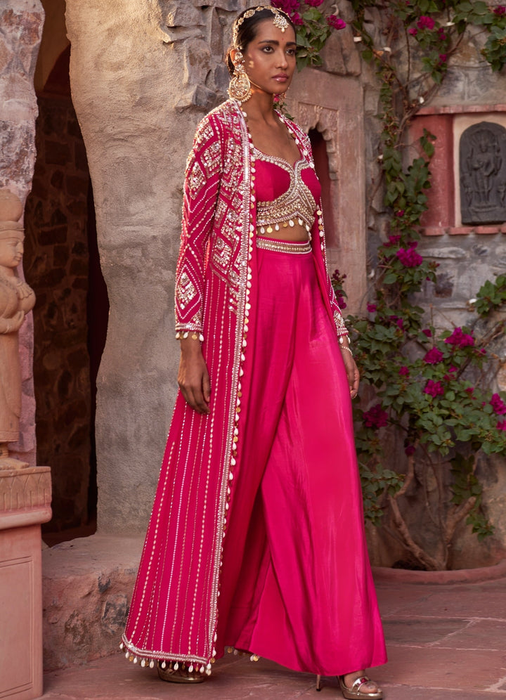 Fuchsia Pink Embellished Crepe Cape Set With Sharara Pants Nidhika Shekhar - Fabilicious Fashion