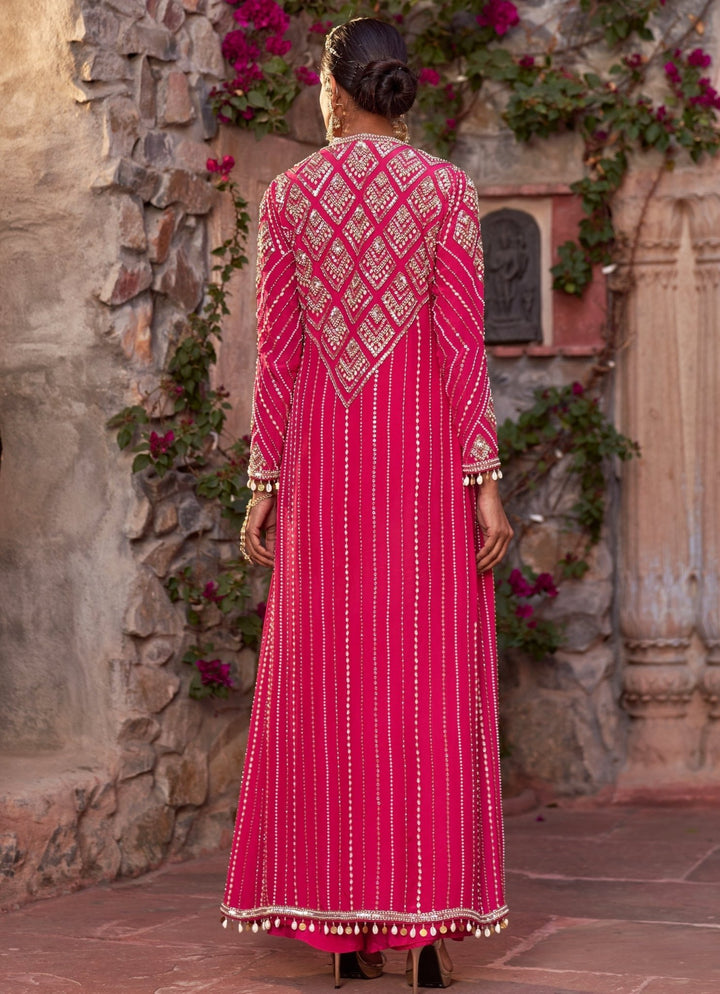Fuchsia Pink Embellished Crepe Cape Set With Sharara Pants Nidhika Shekhar - Fabilicious Fashion
