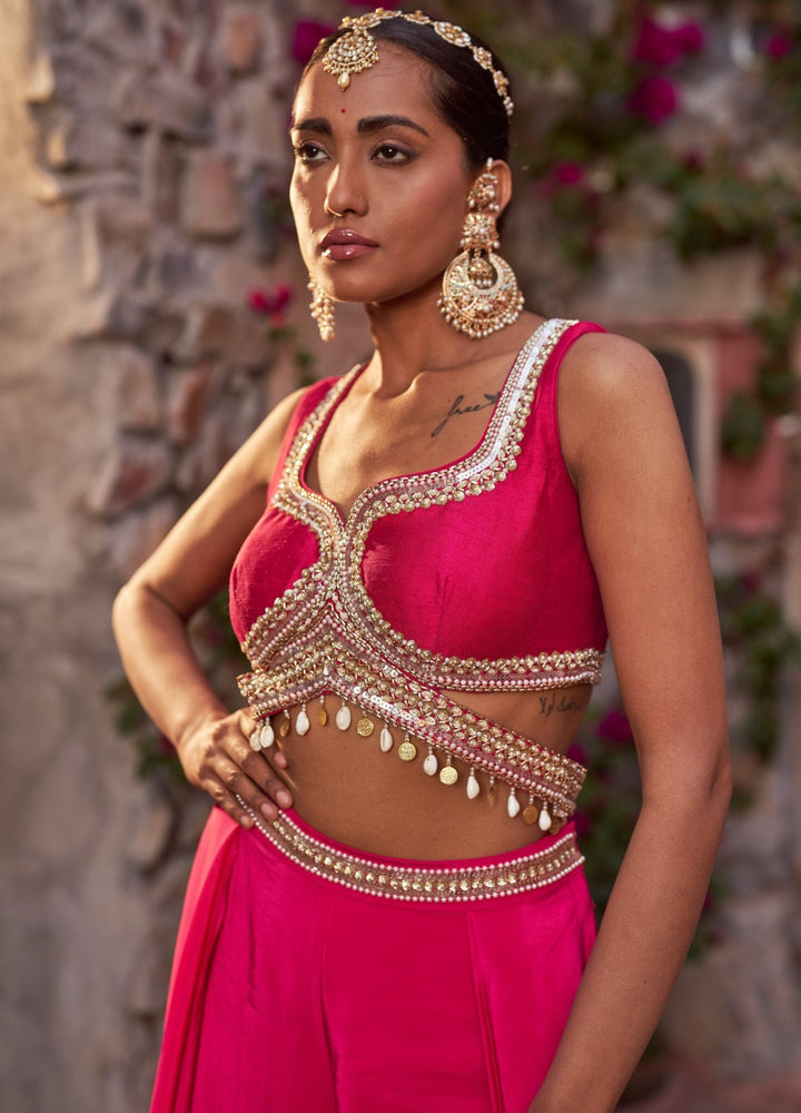 Fuchsia Pink Embellished Crepe Cape Set With Sharara Pants Nidhika Shekhar - Fabilicious Fashion