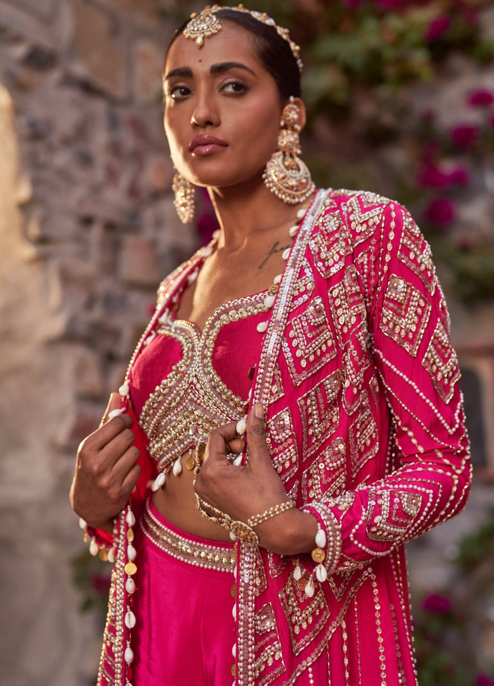 Fuchsia Pink Embellished Crepe Cape Set With Sharara Pants Nidhika Shekhar - Fabilicious Fashion
