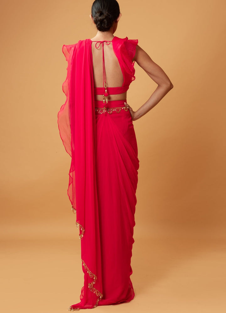 Fuchsia Pink Ruffle Saree Set QAT By Agni - Fabilicious Fashion