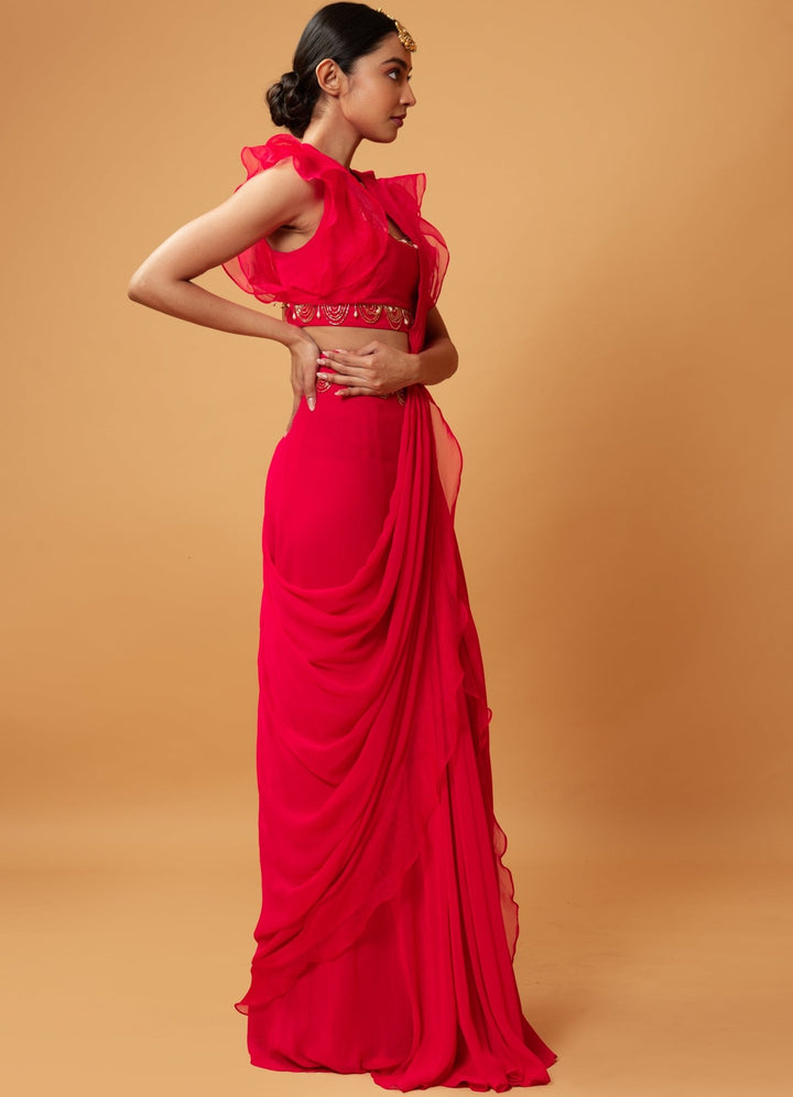 Fuchsia Pink Ruffle Saree Set QAT By Agni - Fabilicious Fashion