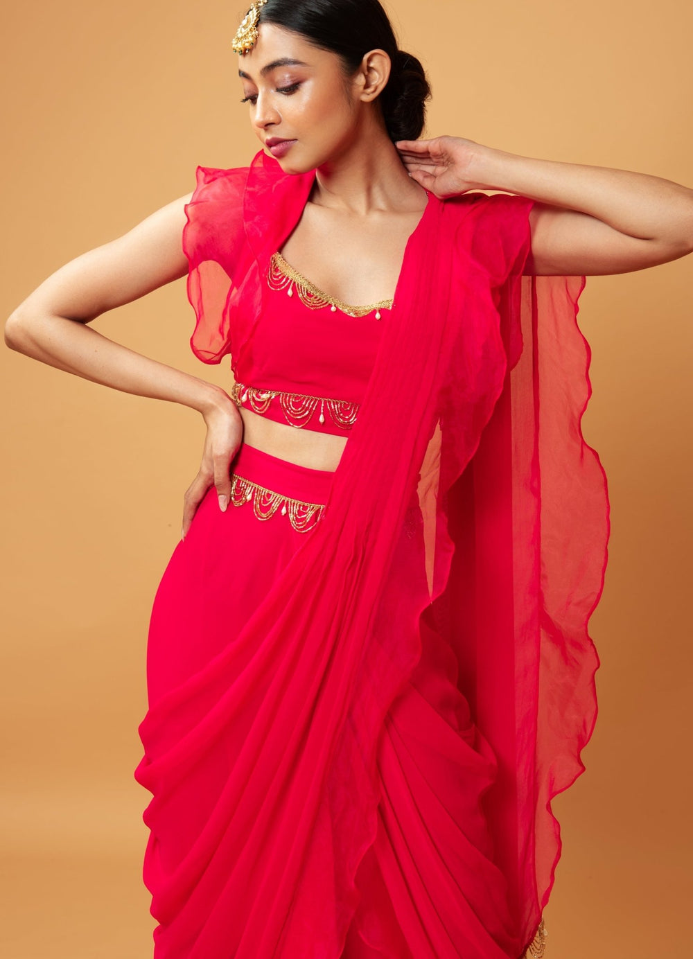 Fuchsia Pink Ruffle Saree Set QAT By Agni - Fabilicious Fashion