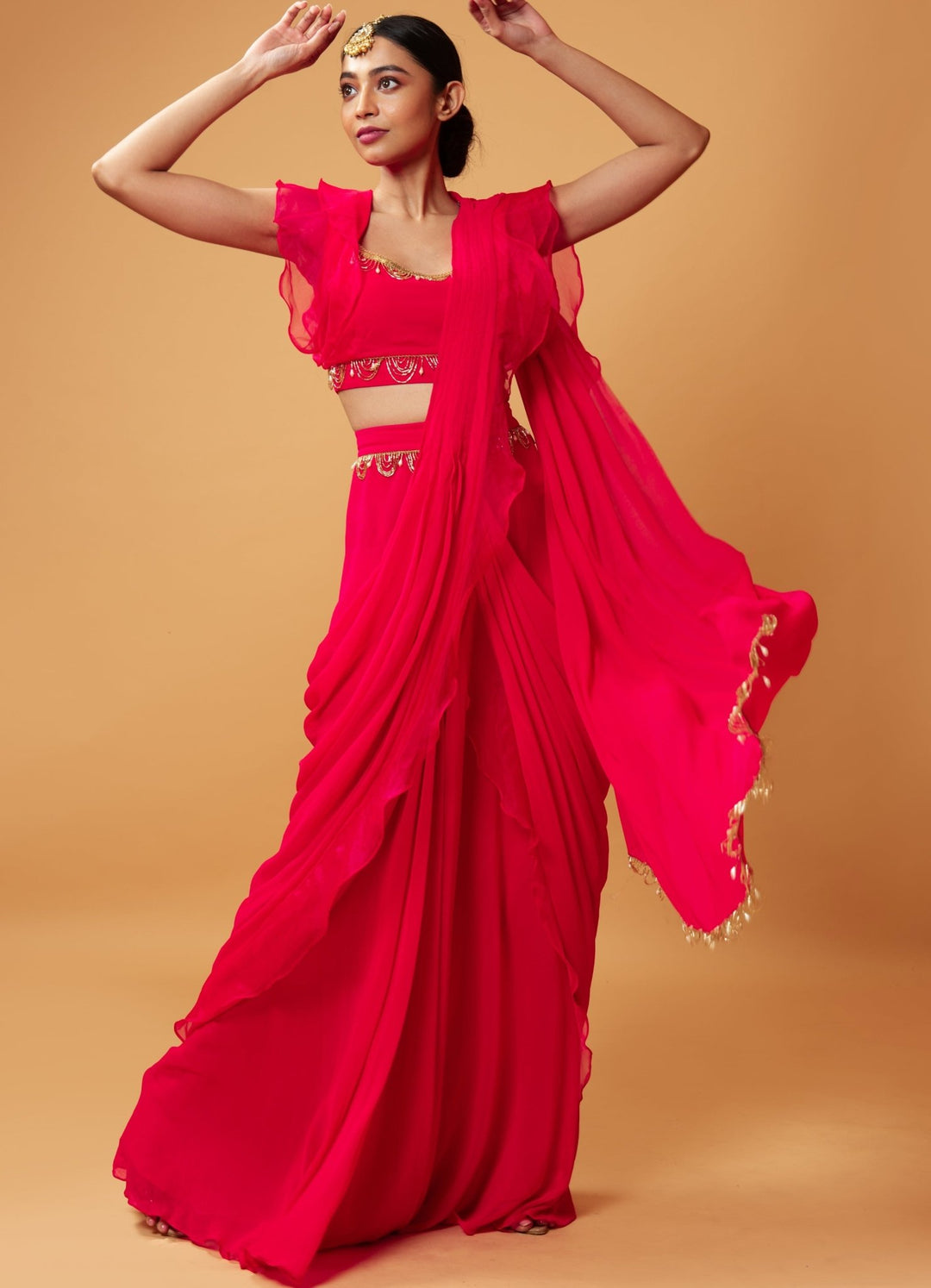 Fuchsia Pink Ruffle Saree Set QAT By Agni - Fabilicious Fashion
