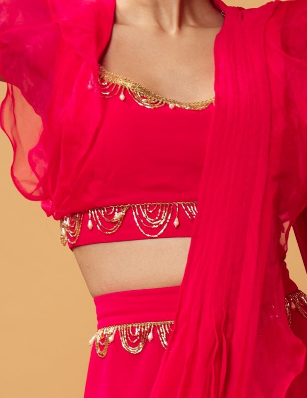 Fuchsia Pink Ruffle Saree Set QAT By Agni - Fabilicious Fashion
