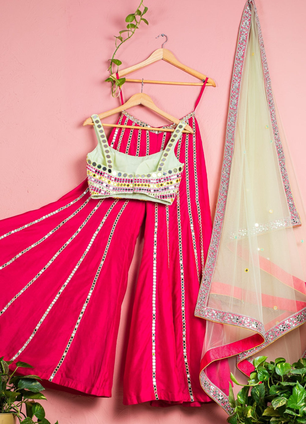Fuchsia Pink Sharara Pants With Mint Multicolour Mirror Blouse Anisha Shetty - Fabilicious Fashion