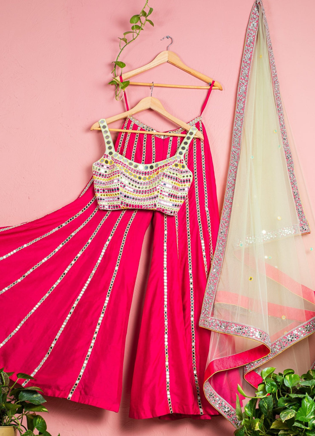 Fuchsia Pink Sharara Pants With Mint Multicolour Mirror Blouse Anisha Shetty - Fabilicious Fashion