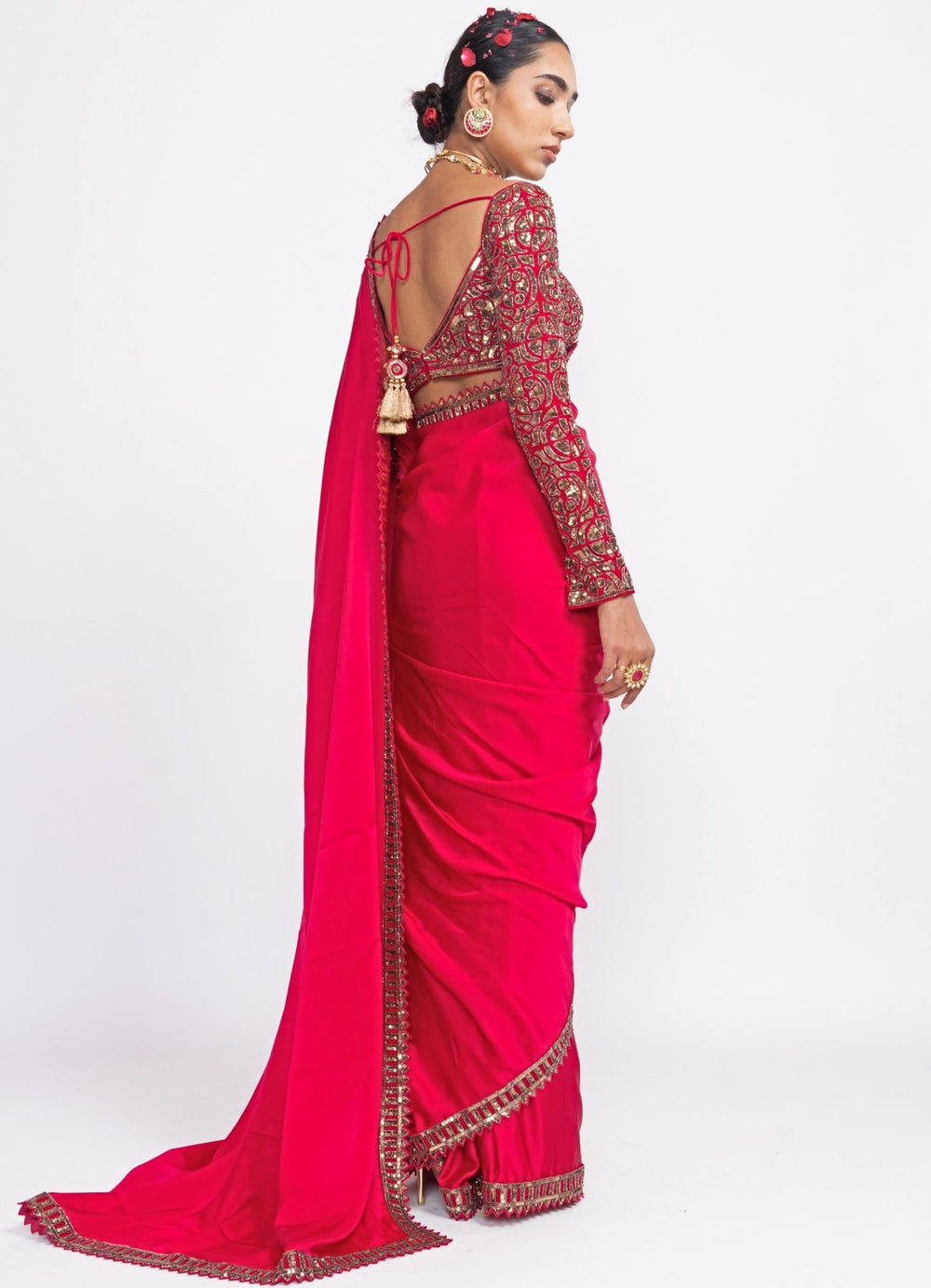 Fuchsia Rose Gold Embroidered Satin Saree Set Vvani by Vani Vats - Fabilicious Fashion