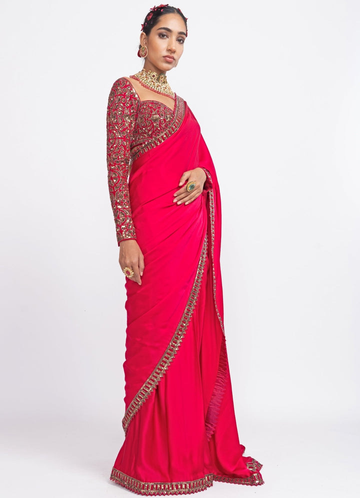 Fuchsia Rose Gold Embroidered Satin Saree Set Vvani by Vani Vats - Fabilicious Fashion