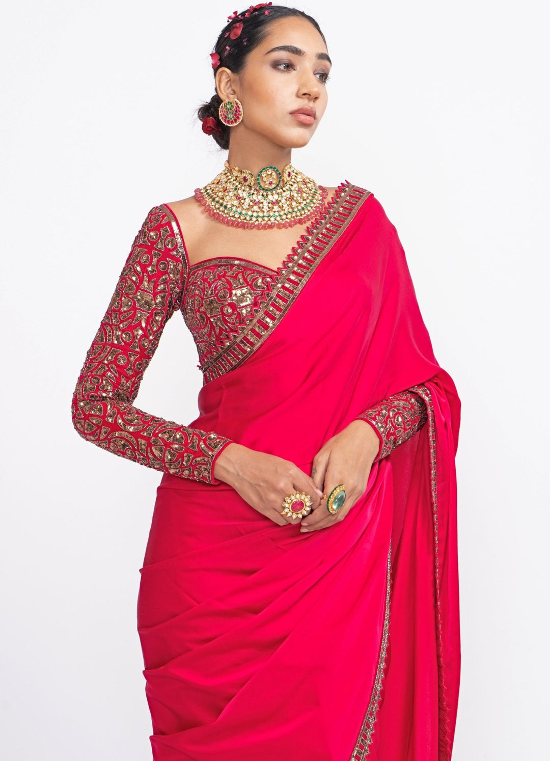 Fuchsia Rose Gold Embroidered Satin Saree Set Vvani by Vani Vats - Fabilicious Fashion