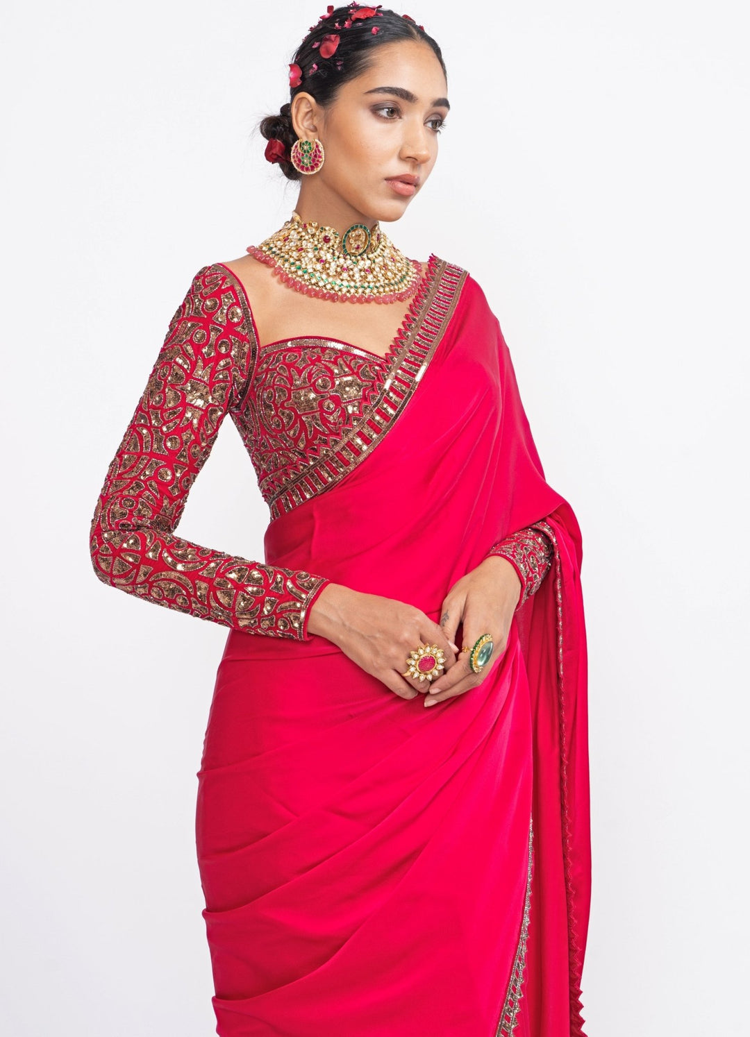Fuchsia Rose Gold Embroidered Satin Saree Set Vvani by Vani Vats - Fabilicious Fashion