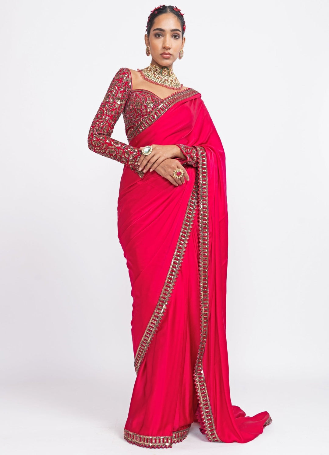 Fuchsia Rose Gold Embroidered Satin Saree Set Vvani by Vani Vats - Fabilicious Fashion