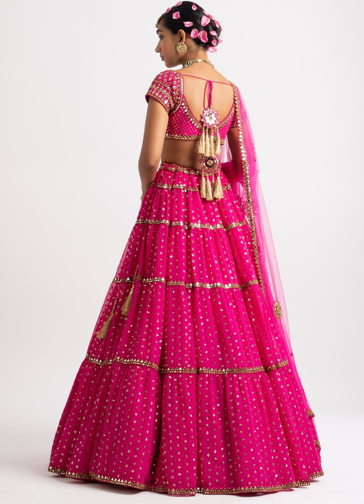 Fuschia Pink Multi Tier Lehenga Set Vvani by Vani Vats - Fabilicious Fashion