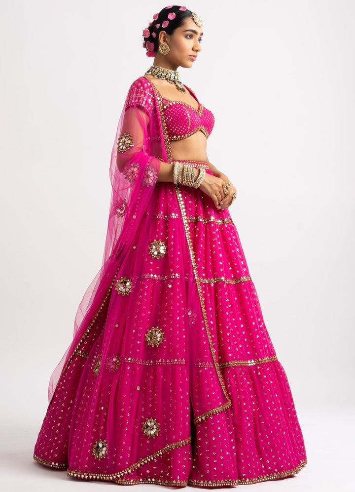 Fuschia Pink Multi Tier Lehenga Set Vvani by Vani Vats - Fabilicious Fashion