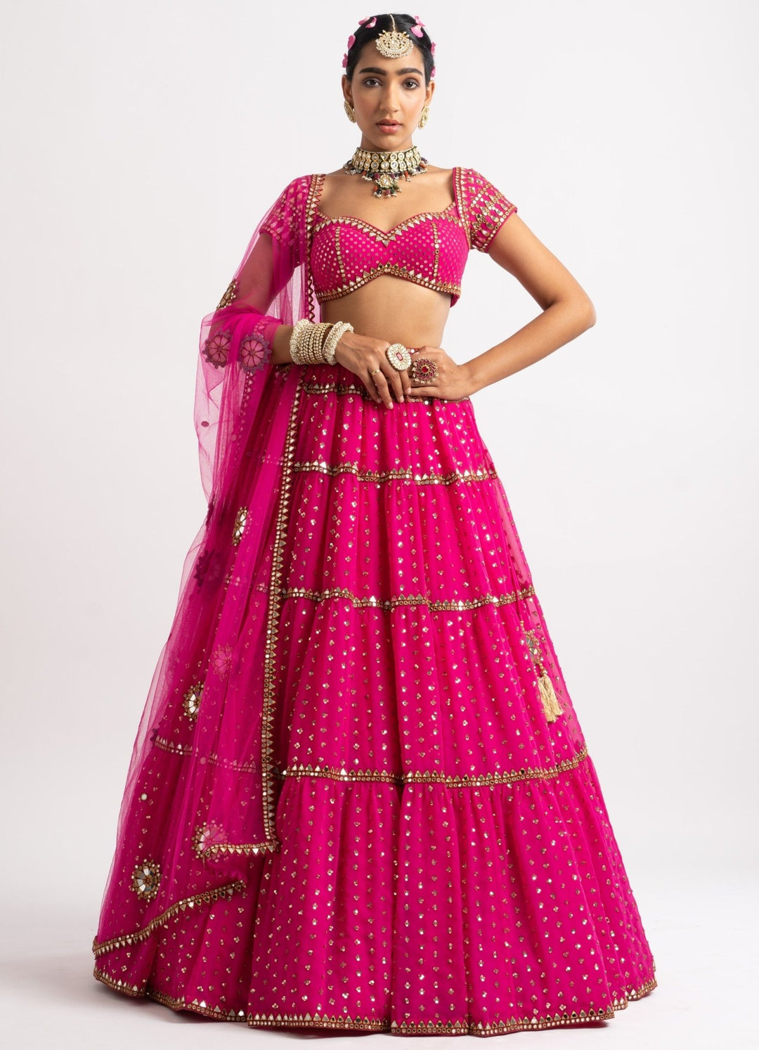 Fuschia Pink Multi Tier Lehenga Set Vvani by Vani Vats - Fabilicious Fashion