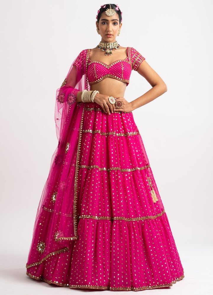 Fuschia Pink Multi Tier Lehenga Set Vvani by Vani Vats - Fabilicious Fashion