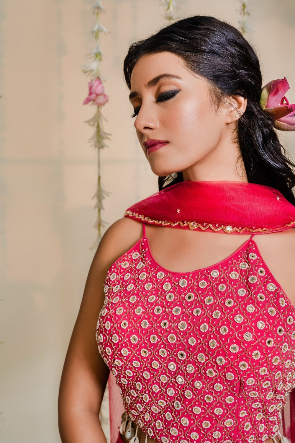 Fuschia Pink Pleated Georgette Lehenga Set With Embellished Blouse Redpine - Fabilicious Fashion