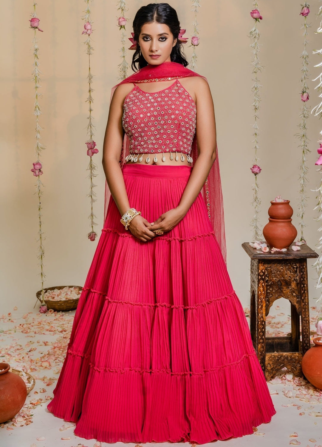 Fuschia Pink Pleated Georgette Lehenga Set With Embellished Blouse Redpine - Fabilicious Fashion