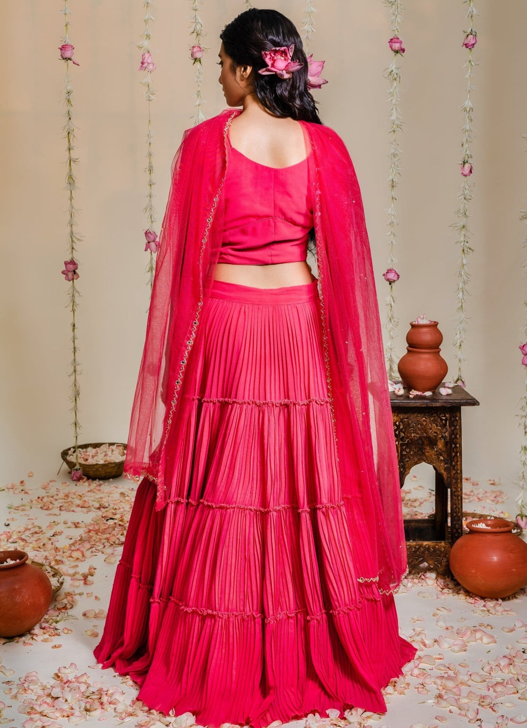 Fuschia Pink Pleated Georgette Lehenga Set With Embellished Blouse Redpine - Fabilicious Fashion