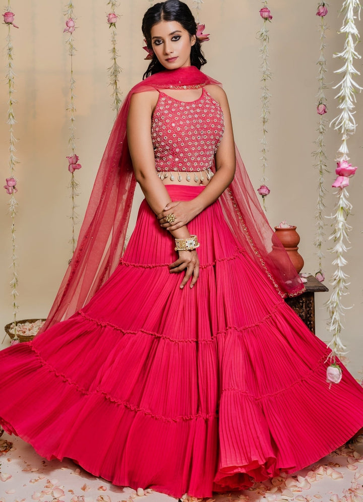 Fuschia Pink Pleated Georgette Lehenga Set With Embellished Blouse Redpine - Fabilicious Fashion