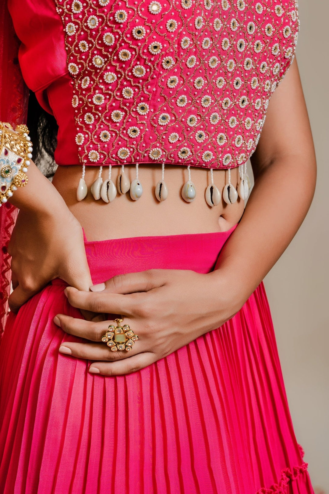Fuschia Pink Pleated Georgette Lehenga Set With Embellished Blouse Redpine - Fabilicious Fashion