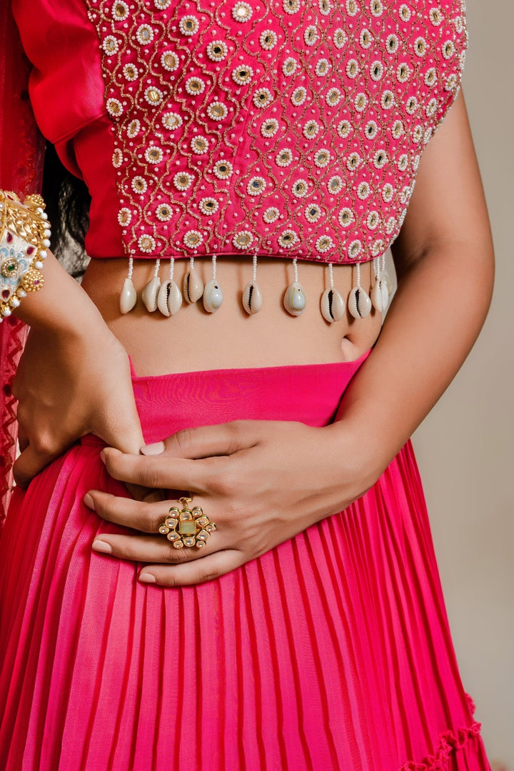 Fuschia Pink Pleated Georgette Lehenga Set With Embellished Blouse Redpine - Fabilicious Fashion