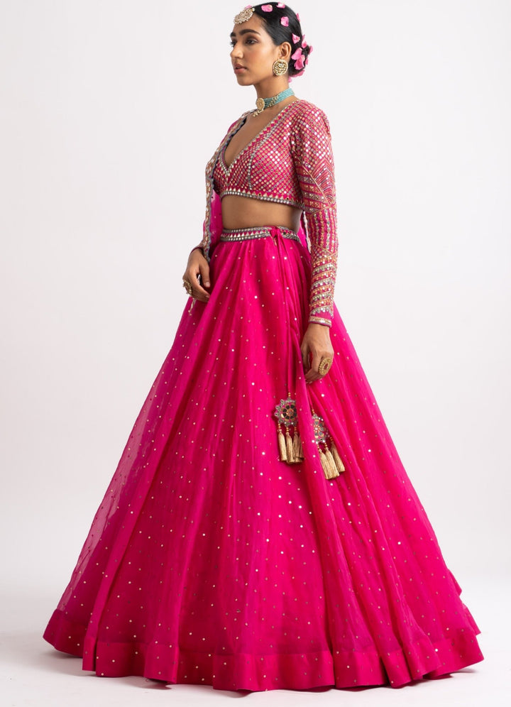 Fuschia Pink Silk Organza Lehenga Set Vvani by Vani Vats - Fabilicious Fashion