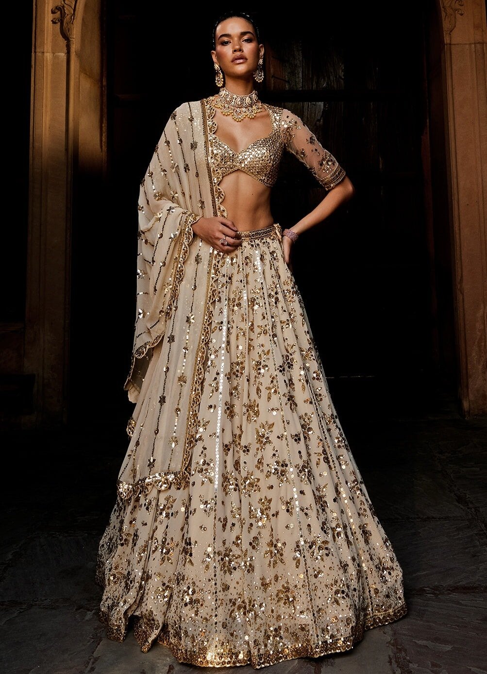 Glam Gold Embellished Georgette Lehenga Set With Scalloped Dupatta Prevasu - Fabilicious Fashion
