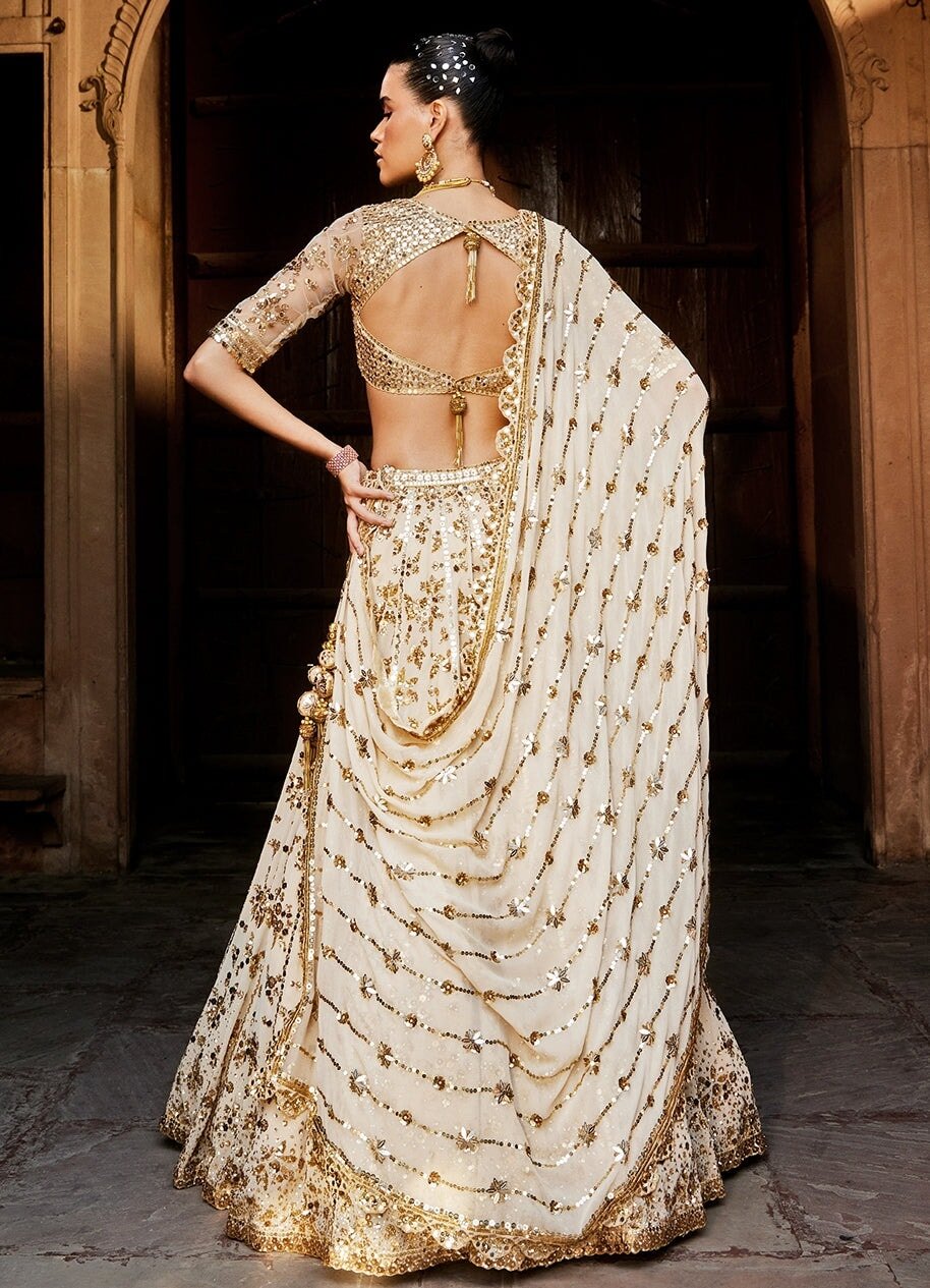 Glam Gold Embellished Georgette Lehenga Set With Scalloped Dupatta Prevasu - Fabilicious Fashion