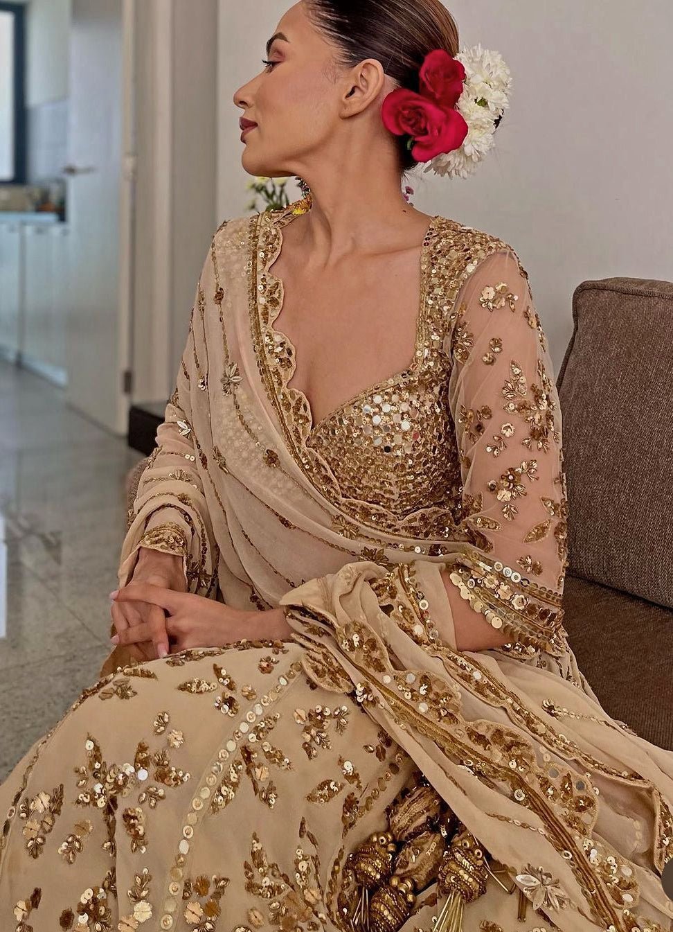Glam Gold Embellished Georgette Lehenga Set Prevasu - Fabilicious Fashion