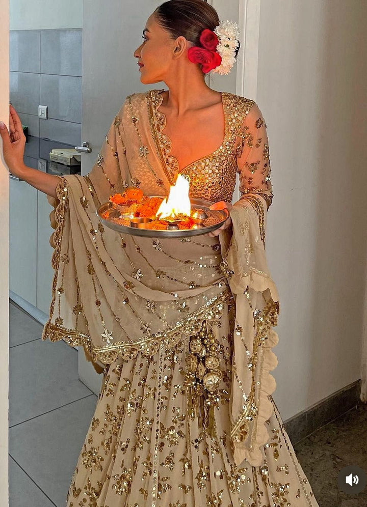 Glam Gold Embellished Georgette Lehenga Set Prevasu - Fabilicious Fashion