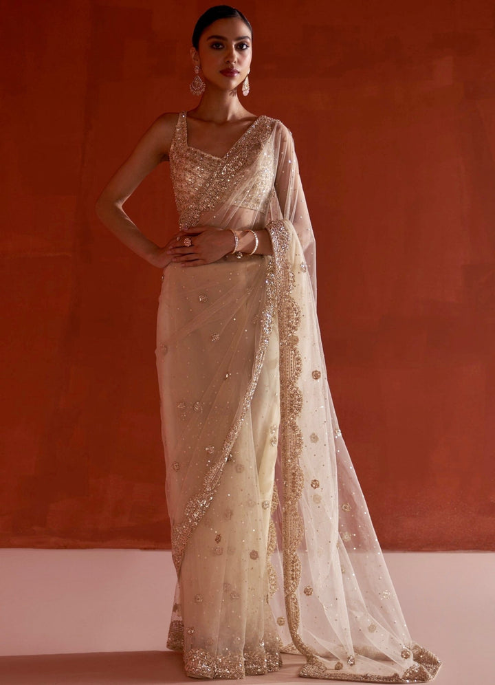 Glam Gold Embellished Net Saree With Bustier Angad Singh - Fabilicious Fashion