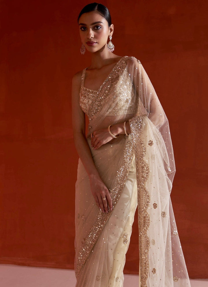 Glam Gold Embellished Net Saree With Bustier Angad Singh - Fabilicious Fashion