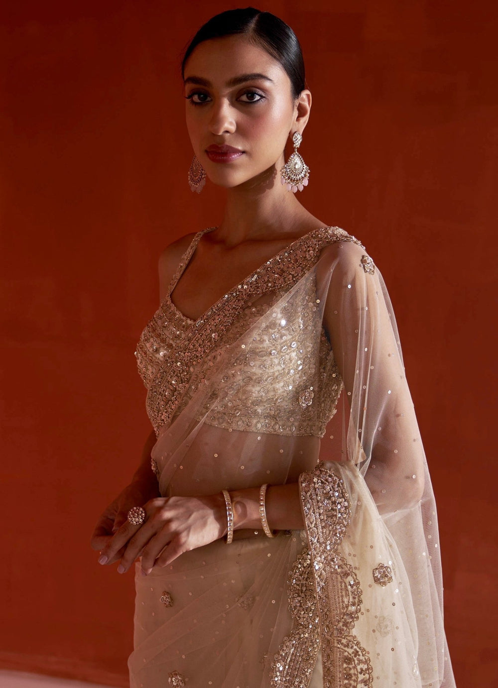 Glam Gold Embellished Net Saree With Bustier Angad Singh - Fabilicious Fashion