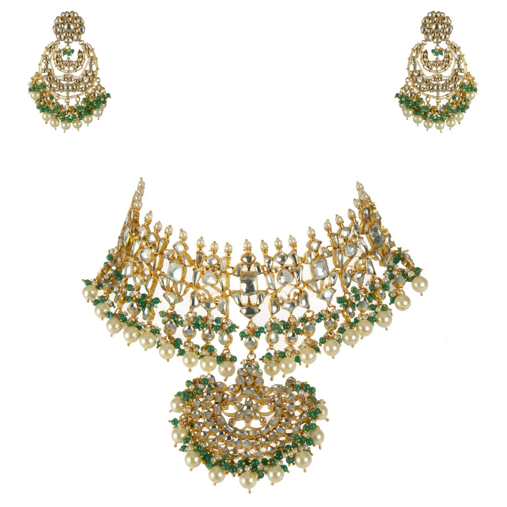 Glittering Green Bead Choker Set With Chand Baalis Riana by Shikha Jindal - Fabilicious Fashion