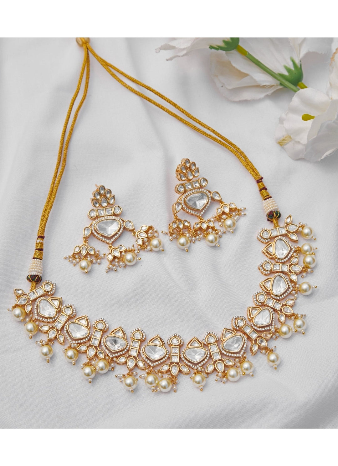 Gold Diamonds Pearl Kundan Necklace Set Zevar by Geeta - Fabilicious Fashion